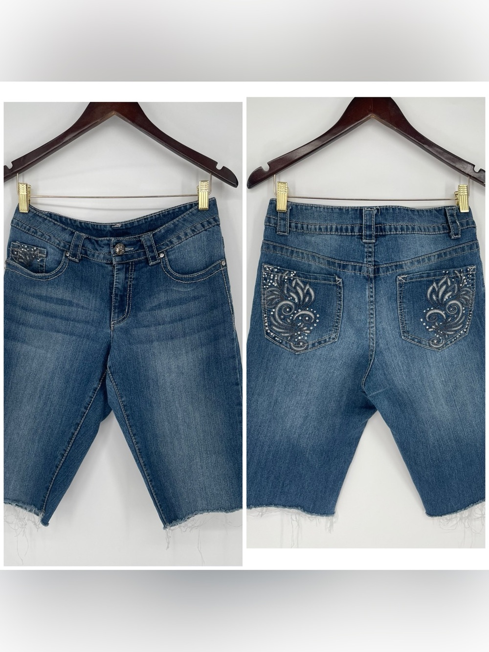 Y2K Faded Glory Cutoffs Embroidered Bedazzled Back Pockets Raw Hem Capri Shorts